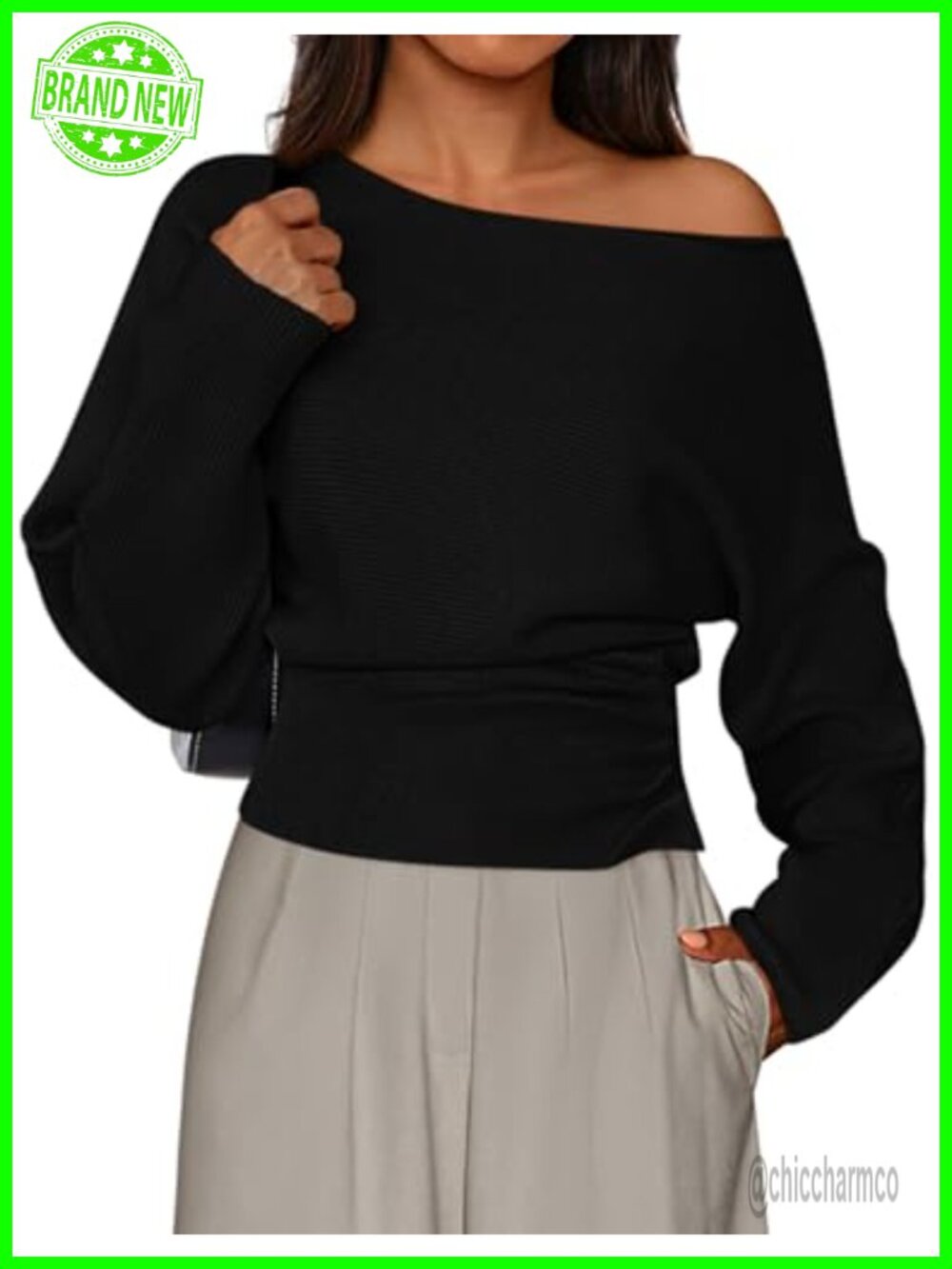 Off Shoulder Ribbed Knit Sweater Pullover Long Sleeve